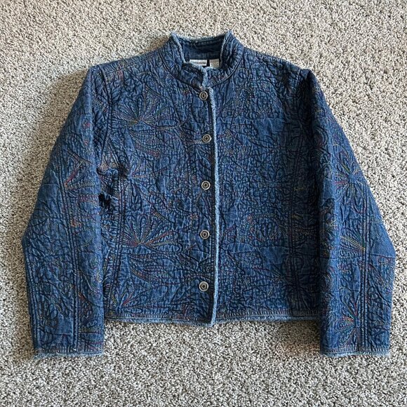 Chicos Womens Sz 2Y2K Blue Quilted Button-Up Embroidered Jacket - Picture 2 of 10